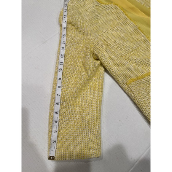 Talbots Yellow Tweed Jacket Women's Size 12 Fringe Trim Open Front Blazer - Picture 11 of 11